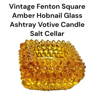 Vintage Fenton Square Amber Hobnail Glass Ashtray Votive Candle Salt Cellar